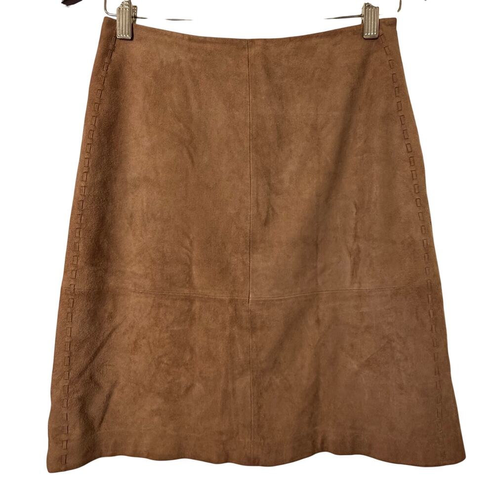 Sz 2 Petite Real Clothes Suede Pencil Skirt Brown Leather 90s Minimalist Western
